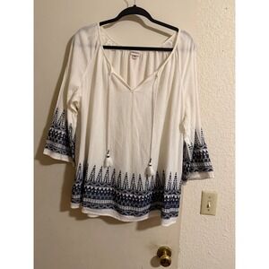 Merona Women White Embroidered Tassel Boho Tunic Top Blouse XXL Pesant